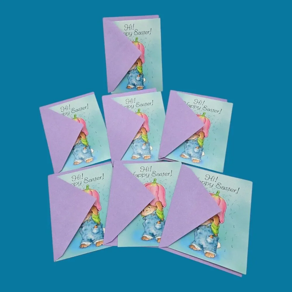 7 Unused Vintage AGC Easter Greeting Cards Dressed Bunny Overalls Tulip Umbrella
